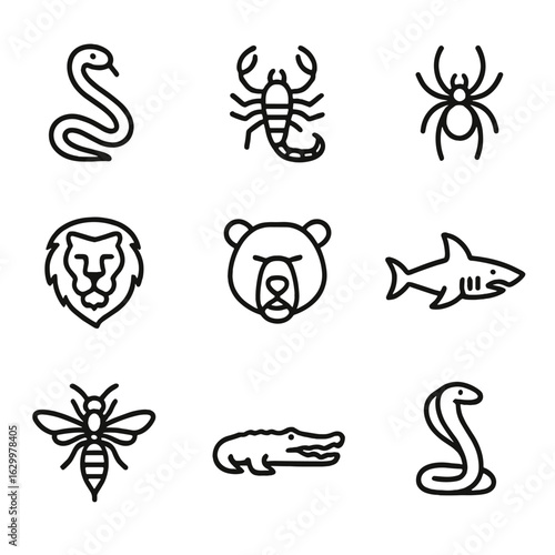 Dangerous Animals Icons. Outline icon set of dangerous animals: snake, scorpion, spider, shark, lion, bear, crocodile, wasp, cobra