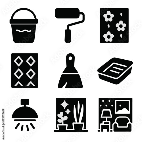 Bold Wallpaper Icons. Solid, filled icons set of bold feature walls with wallpaper patterns: wallpaper glue