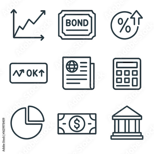 Bond Market Icon Set. Outline icon set of bond market dynamics: graph with arrows, bond coupon, interest rates