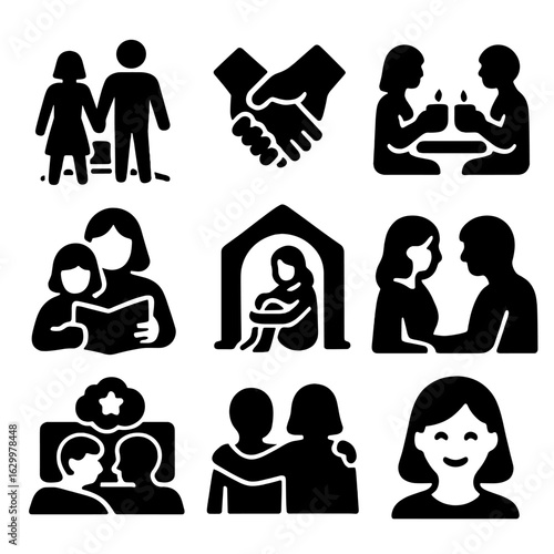 Icons of Bonding. Solid, filled icons set of moments of bonding: sunset walk, holding hands, shared coffee,