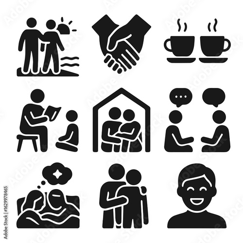 Icons of Bonding. Solid, filled icons set of moments of bonding: sunset walk, holding hands, shared coffee,