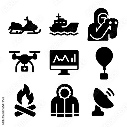 Arctic Research Icons. Solid, filled icon set of Arctic research activities: snowmobile, icebreaker ship, researcher with