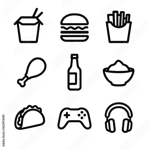 Binge Watching Icon Set. Outline icon set of binge watching feast: takeout box, burger, fries carton, chicken drumstick, beer