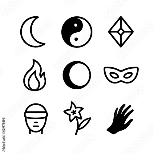 Darkness Symbols Icon Set. Outline icon set of darkness symbols: crescent moon, yin yang black half, black diamond, dark flame,