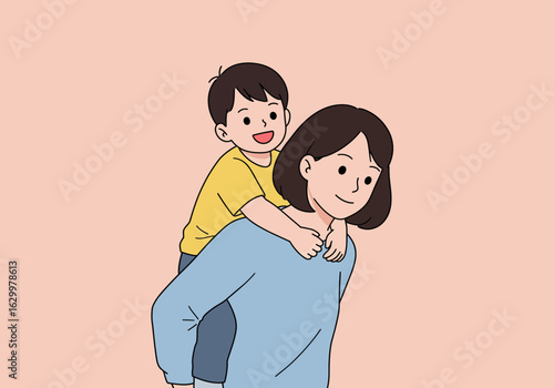 Cartoon Mother Giving Piggyback Ride to Son with Yellow Shirt and Dark Hair