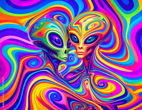 Psychedelic Alien Duo in a Swirling Spectrum of Colors