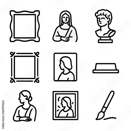 Classic Portrait Icons. Outline icon set of classic portraits: oil painting frame, renaissance figure, bust sculpture, gilded