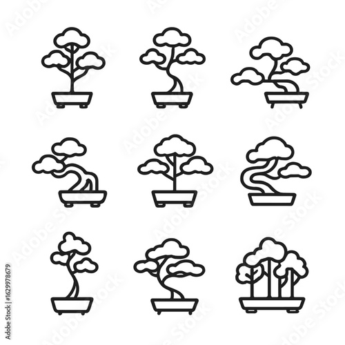 Bonsai Styles Icons. Outline icon set of bonsai tree styles: formal upright, informal upright, slanting,