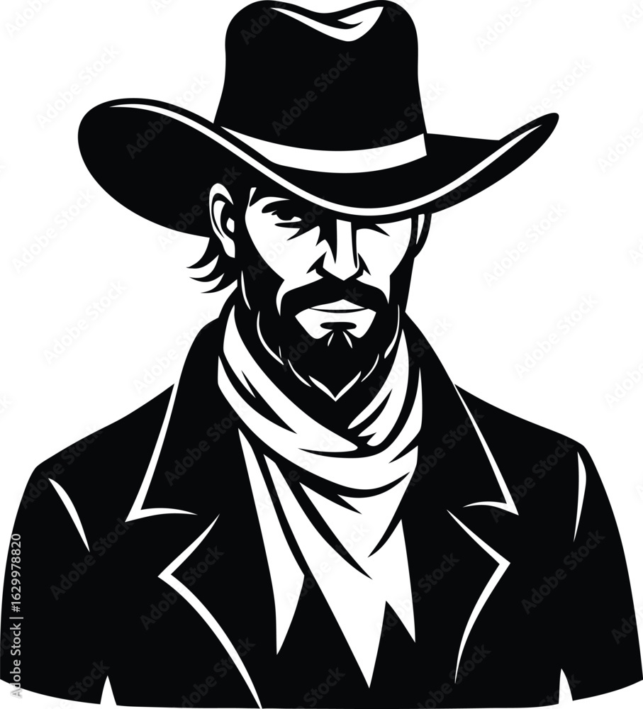Fototapeta premium Classic cowboy riding a horse in a dynamic silhouette against a stark background evoking the spirit of the wild west