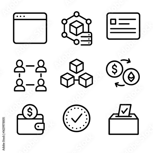 Decentralized App Icons. Outline icon set of decentralized applications (dApps): app window, decentralized server, user interface,