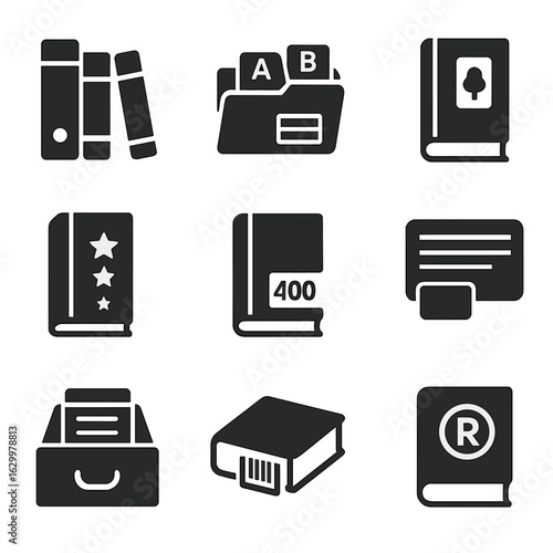 Book Organization Icons. Solid, filled icons set of book organization systems: color-coded books, alphabet