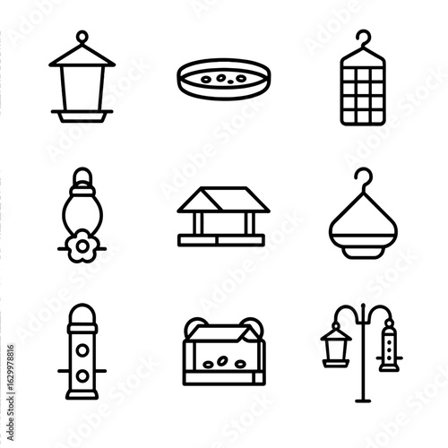 Bird Feeding Icons. Outline icon set of bird feeding equipment: bird feeder, seed tray, suet feeder, nectar feeder, platform