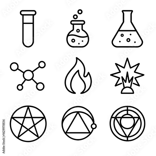 Chemical Transformation Icons. Outline icon set of chemical and alchemical transformation: test tube, bubbling potion, flask,