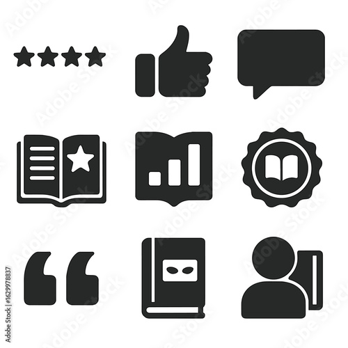 Book Review Icons. Solid, filled icons set of book review and rating tools: star rating, thumbs up icon,