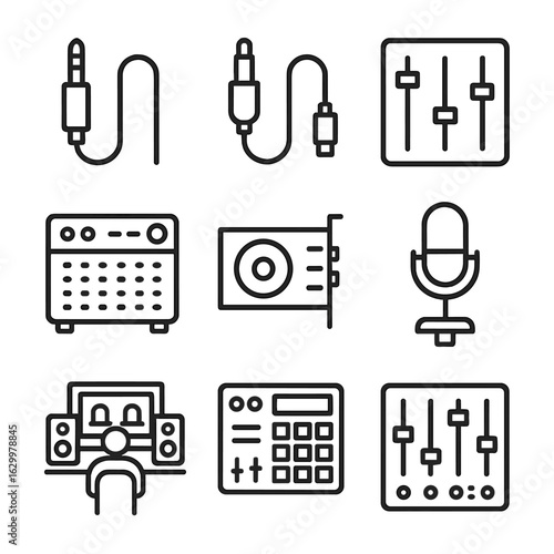 Audio Tech Icons. Outline icon set of audio technology: headphone jack, audio cable, mixer, amplifier, sound card, USB microphone,