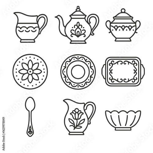Decorative Serveware Icons. Outline icon set of decorative serveware: creamer, ornate teapot, patterned sugar bowl, hand-painted