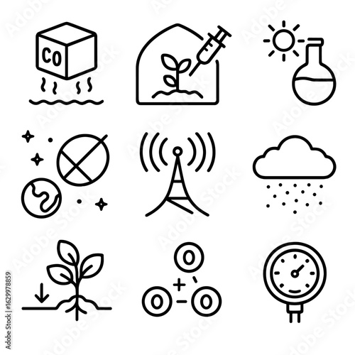 Atmospheric Engineering Icons. Outline icon set of atmospheric engineering methods: CO₂ sublimation, greenhouse gas injection,