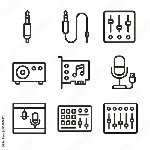 Audio Tech Icons. Outline icon set of audio technology: headphone jack, audio cable, mixer, amplifier, sound card, USB microphone,