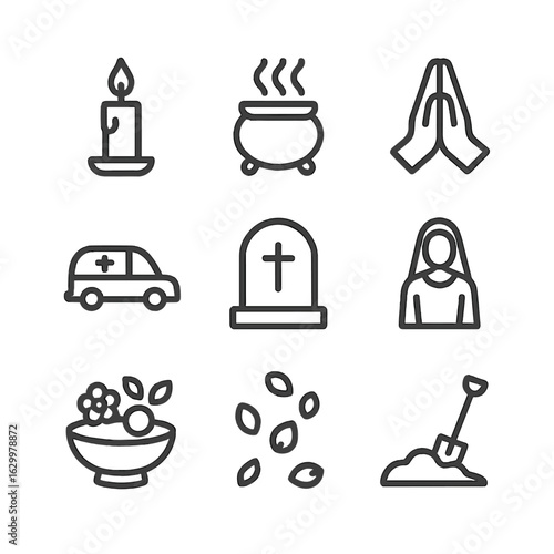Death Rituals Icons. Outline icon set of death rituals: candle lighting, incense burner, prayer hands, funeral procession,
