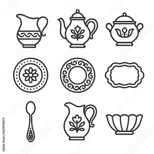 Decorative Serveware Icons. Outline icon set of decorative serveware: creamer, ornate teapot, patterned sugar bowl, hand-painted