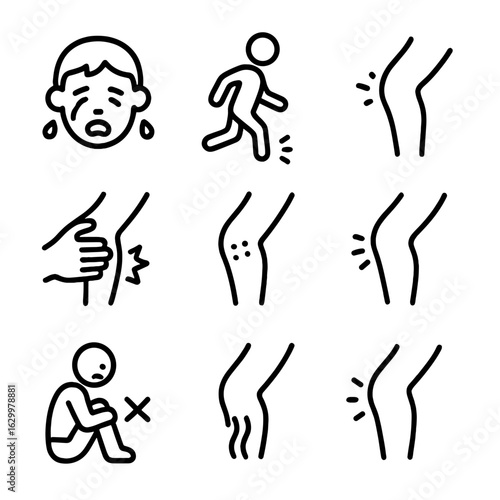 Child Bruise Icon Set. Outline icon set of bruise symptoms in children: crying, limping, swelling, tenderness, discoloration,
