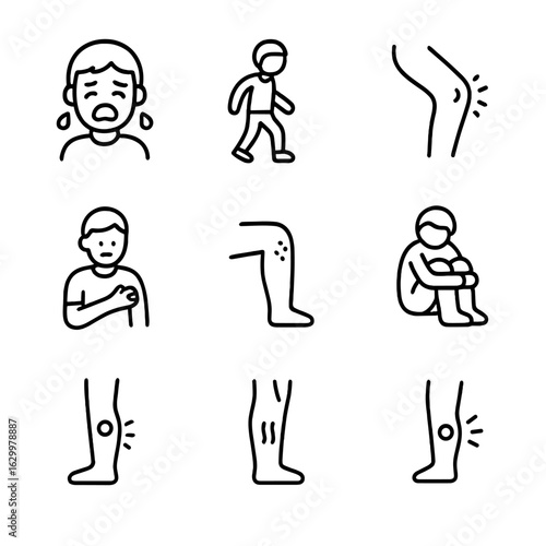 Child Bruise Icon Set. Outline icon set of bruise symptoms in children: crying, limping, swelling, tenderness, discoloration,