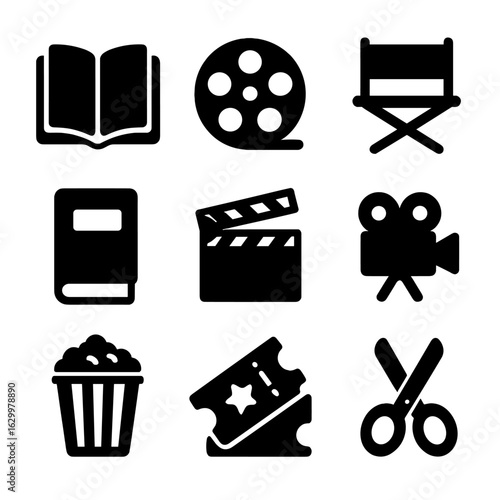 Book-to-Film Icon Set. Solid, filled icons set of Book-to-film adaptation process: open book, film reel,