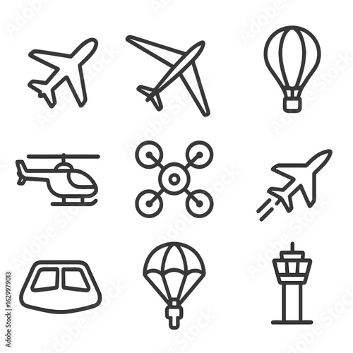 Aviation and Atmosphere Icons. Outline icon set of aviation and flight: airplane silhouette, glider outline, hot air balloon,