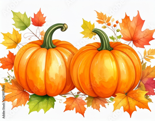 Two vibrant orange pumpkins surrounded by colorful autumn leaves