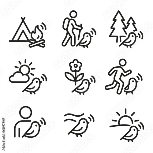 Chirp Outdoor Icons. Outline icon set of chirp in outdoor activities: camping sounds, nature hike, forest walk, morning outside,
