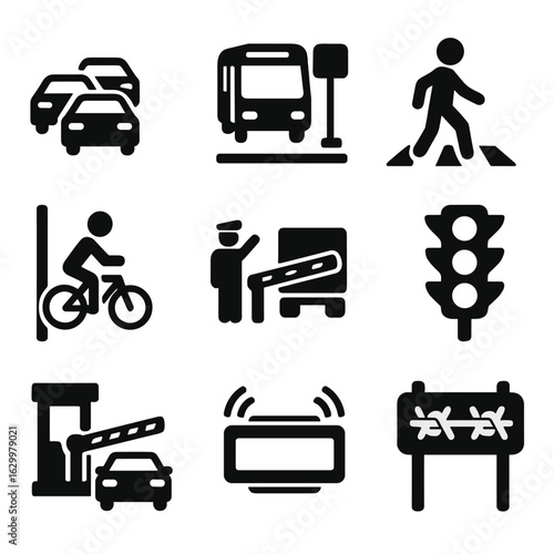 Border Crossing Icons. Solid, filled icons set of border crossing transportation: car queue, bus stop,