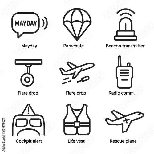 Aviation and Flag Icons. Outline icon set of aviation distress: mayday call icon, emergency parachute, beacon transmitter,