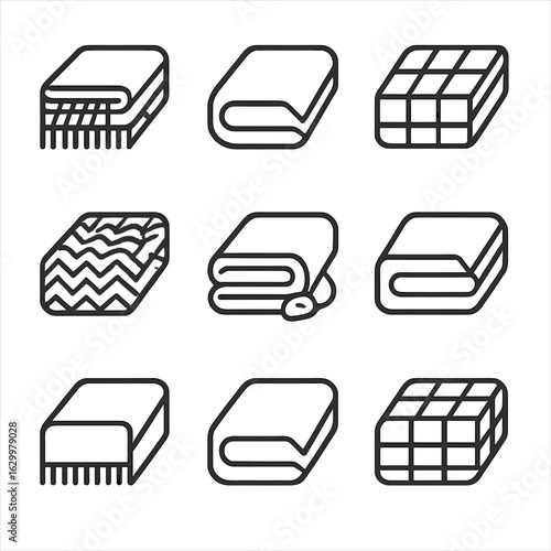 Blanket Icon Set. Outline icon set of blanket varieties: wool blanket, fleece throw, knitted throw, quilt, electric blanket,