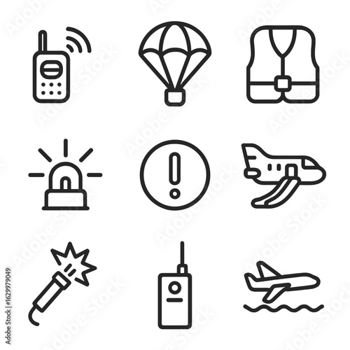 Aviation Distress Icons. Outline icon set of aviation distress: mayday radio, emergency parachute, life vest, distress beacon,