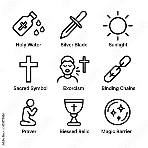 Demon Weaknesses Icons. Outline icon set of demon weaknesses: holy water, silver blade, sunlight, sacred symbol, exorcism, binding