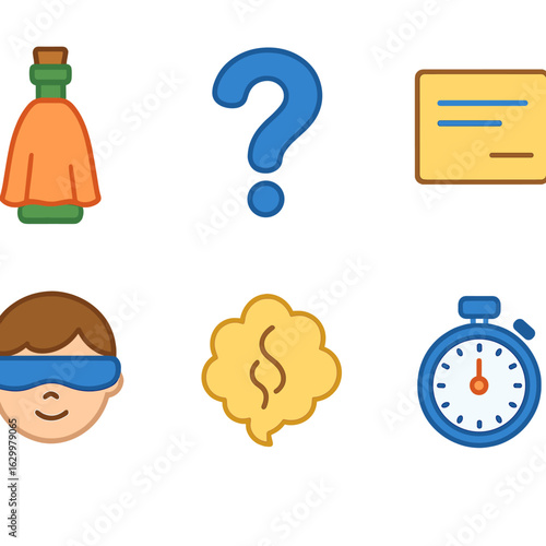 Blind Tasting Adventure. Flat vector mini-illustrations Blind tasting challenge in colors children’s illustrations: covered bottle