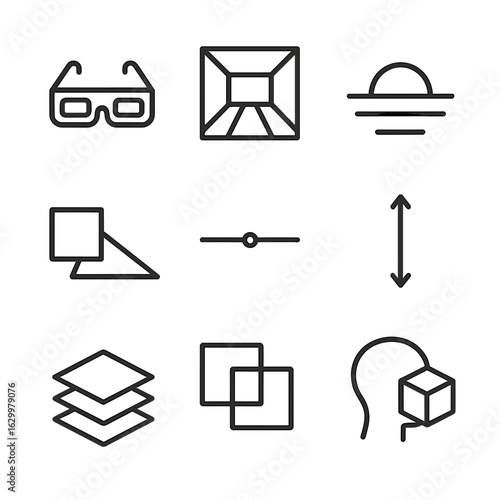 3D Depth Icon Set. Outline icon set of spatial depth: 3D glasses, perspective lines, horizon, shadows, vanishing point, distance