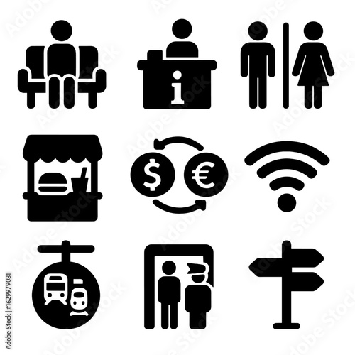 Border Crossing Icons. Solid, filled icons set of international border crossing amenities: waiting lounge,