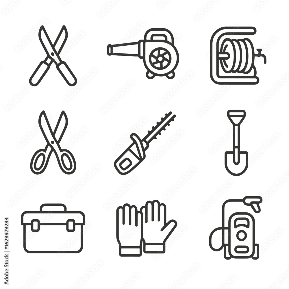 Fototapeta premium Backyard Maintenance Icons. Outline icon set of backyard maintenance: pruning shears, leaf blower, hose reel, garden scissors,