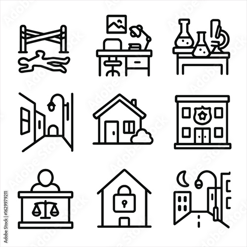 Detective Icon Set. Outline icon set of detective environments: crime scene, office, lab, alleyway, suspect’s house, police