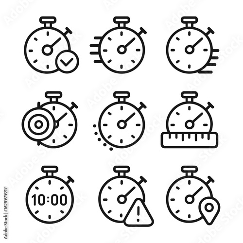 Chronometer Icon Set. Outline icon set of chronometer related concepts: accuracy, timing, speed, precision, interval, measurement,