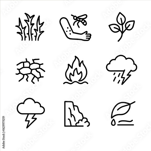 Despair and Nature Icons. Outline icon set of pain in nature: thorn bush, insect bite, poison ivy, cracked earth, wildfire, storm
