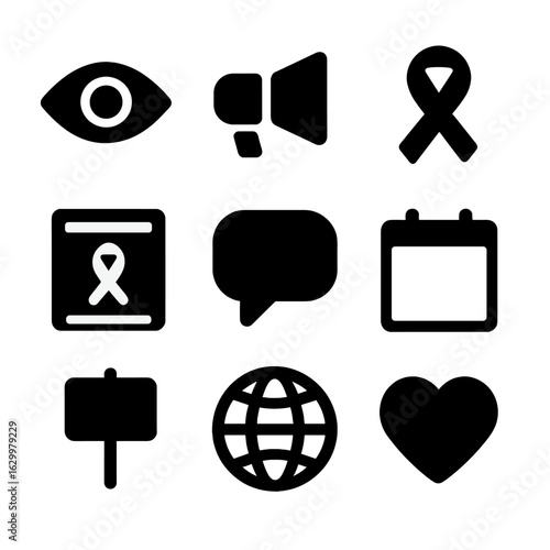 Awareness Icons Grid. Solid, filled icon set of awareness campaigns: eye symbol, megaphone, awareness ribbon, social media post,