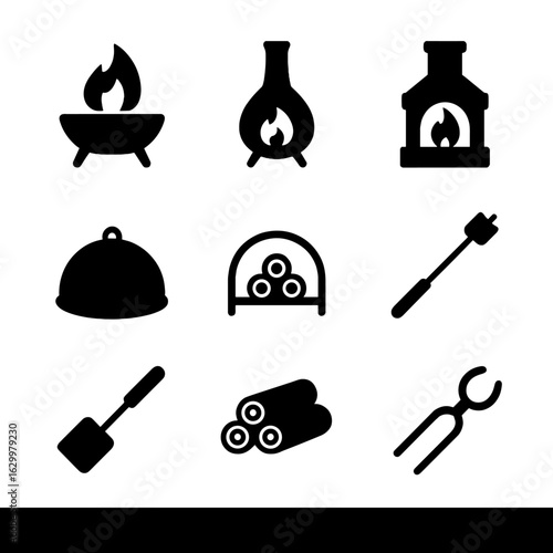 Backyard Fire Icons. Solid, filled icon set of backyard fire features: fire pit, chiminea, outdoor fireplace, spark screen, log