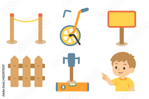 Boundary Marking Tools. Flat vector mini-illustrations Boundary marking and fencing in colors children's illustrations: survey
