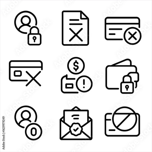 Closed Financial Icon Set. Outline icon set of closed financial icons: closed account, canceled transaction, rejected credit card,