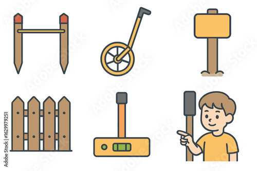 Boundary Marking Tools. Flat vector mini-illustrations Boundary marking and fencing in colors children's illustrations: survey
