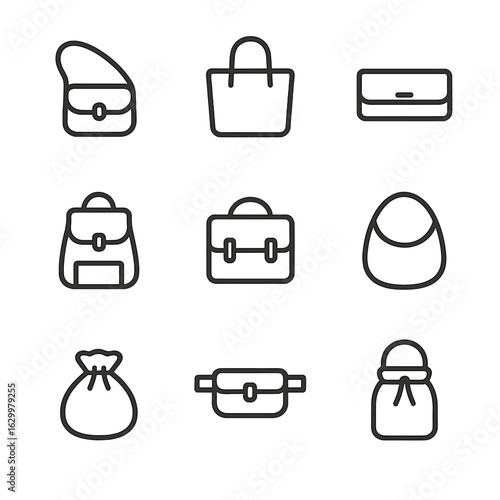 Bag Styles Icon Set. Outline icon set of bag styles: crossbody, tote, clutch, backpack, satchel, hobo, drawstring, belt bag,