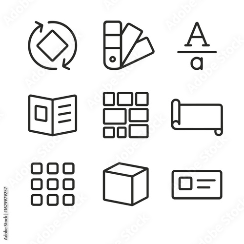Brand Identity Icons. Outline icon set of Brand identity elements: logo redesign, color palette swatch, typography sample, brand