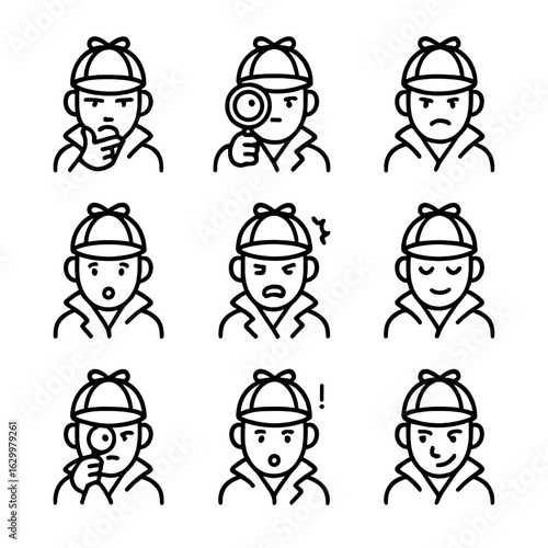 Detective Emotions Icons. Outline icon set of detective emotions: suspicion, curiosity, determination, surprise, frustration,